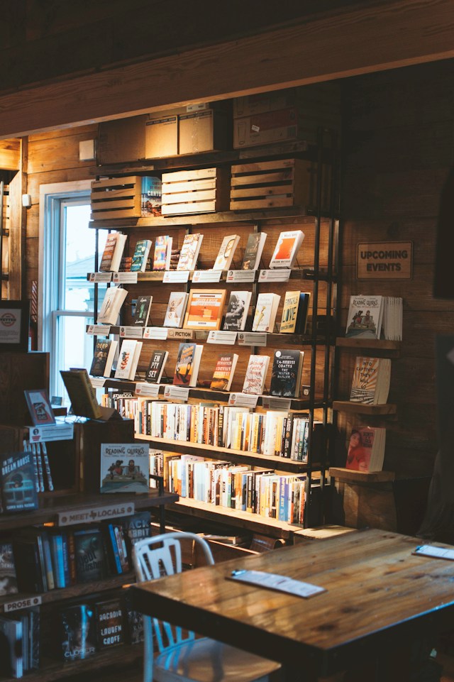 Bookstore shelves displaying new books
