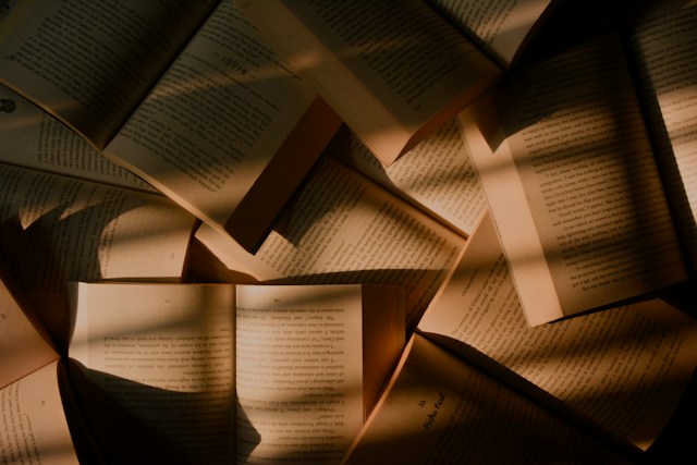 Open books scattered in warm light and shadow